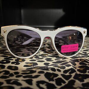 Betsey Johnson Statement Round WHITE on GOLD Small Gold Stars Sunglasses NWT